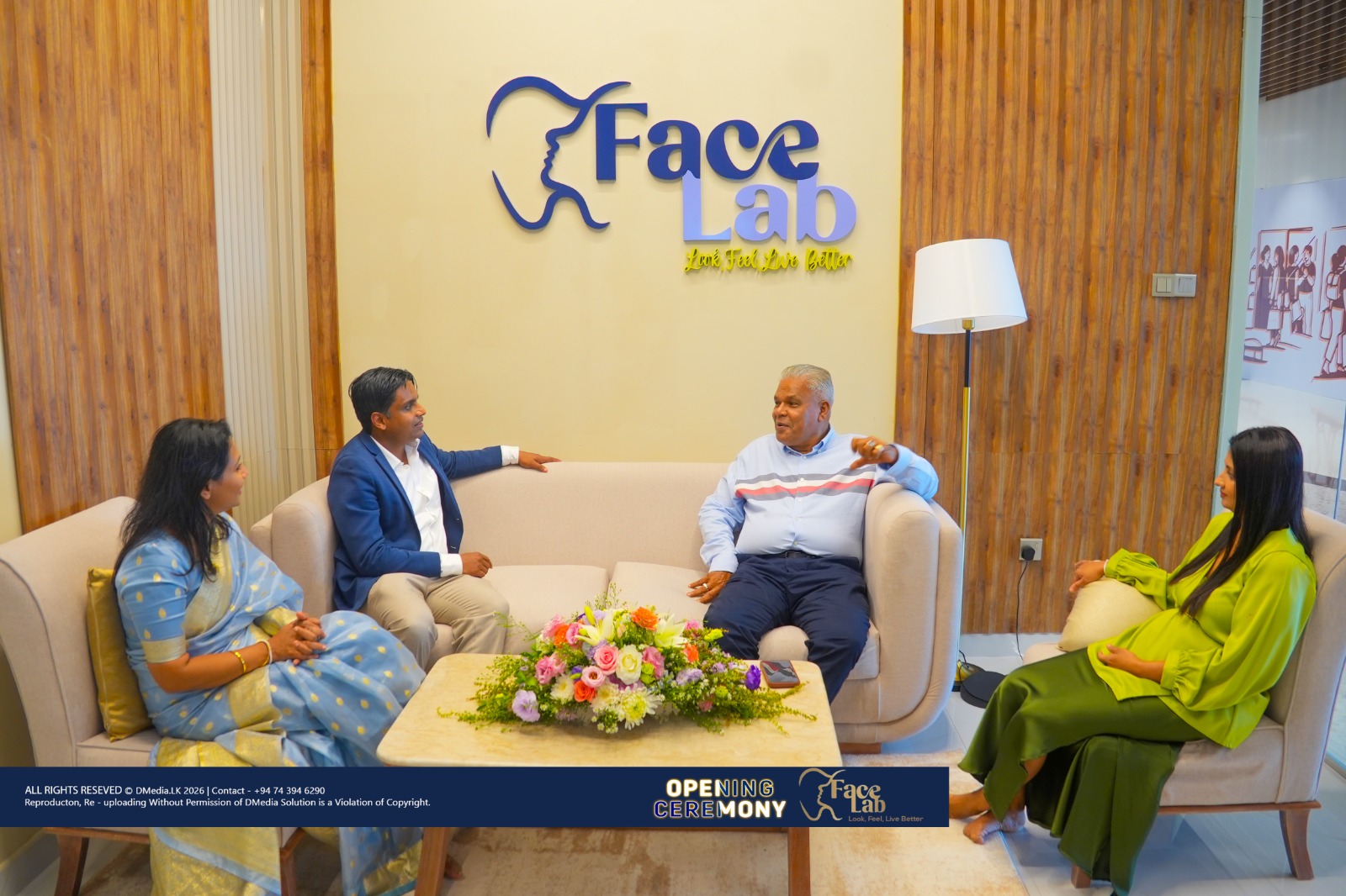 FaceLab founders in conversation with guests in the reception lounge on opening day